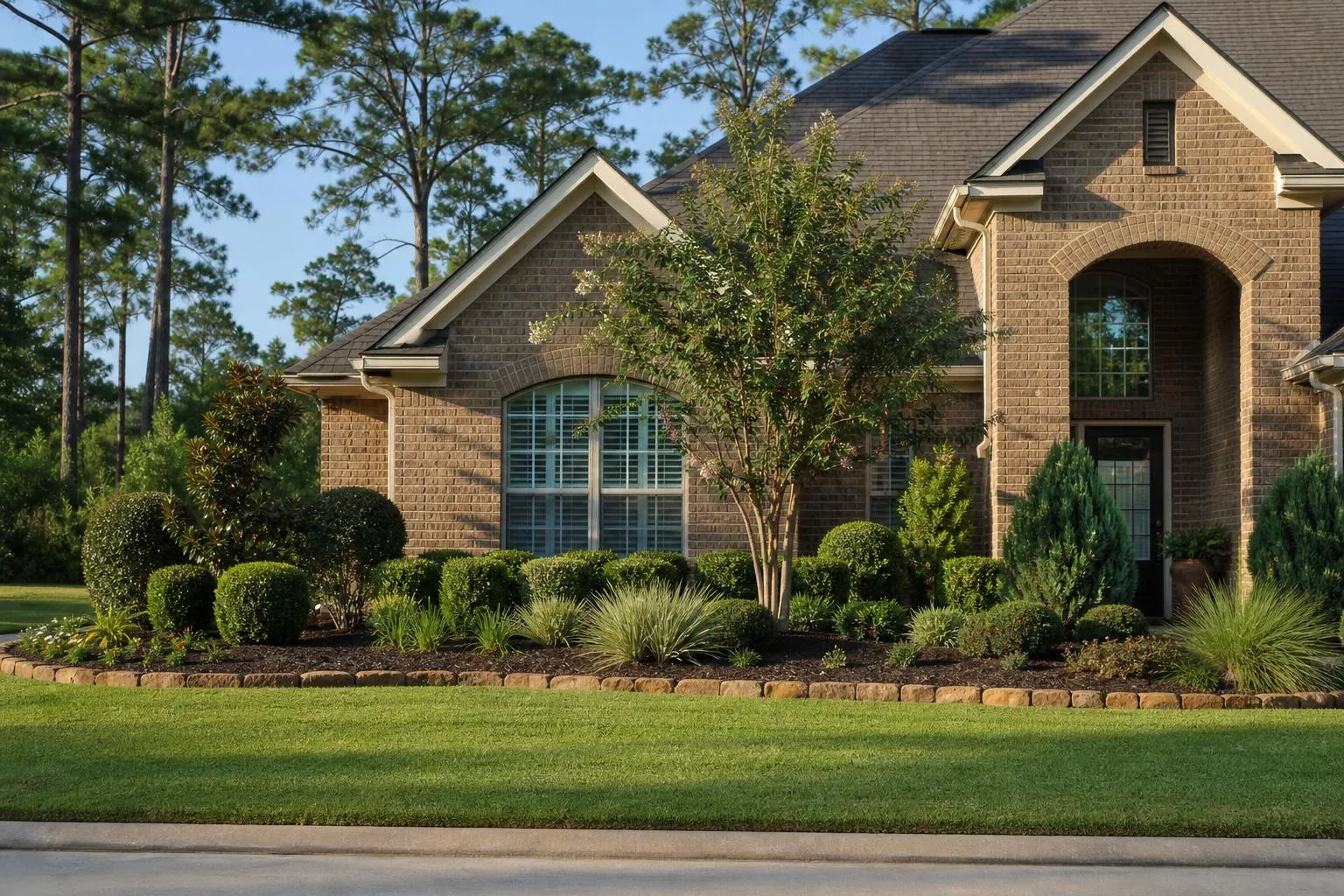 Layered foundation planting and lawn outside a brick home