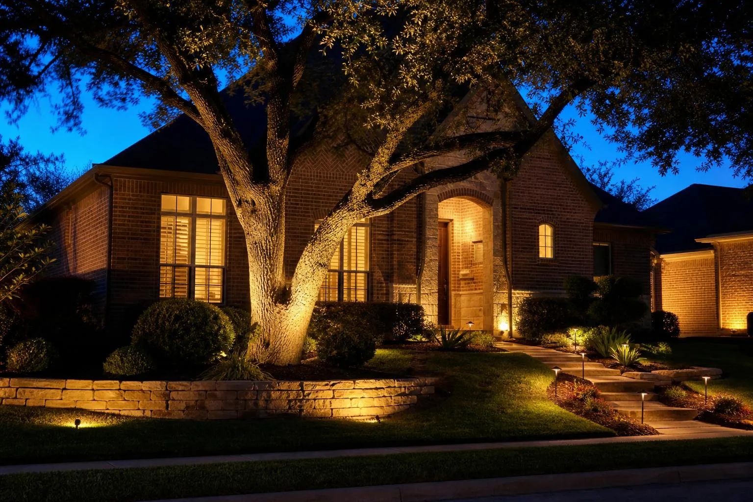 Warm landscape lighting around a tree and front entry at dusk