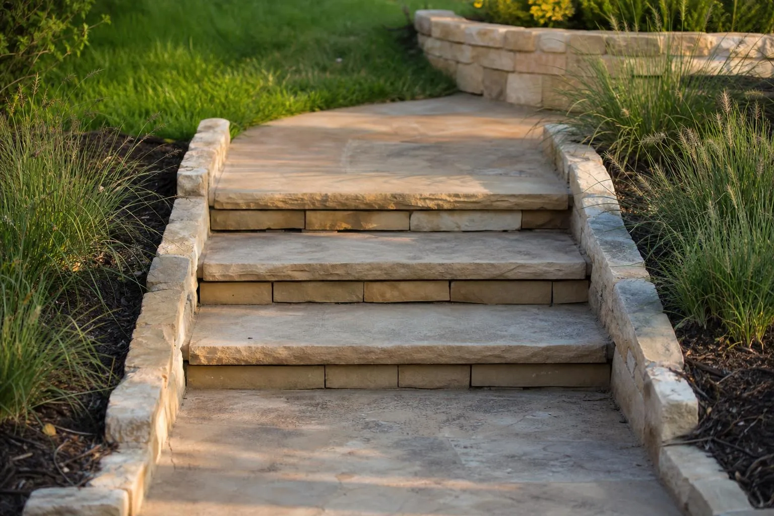 Broad stone garden steps between planted borders
