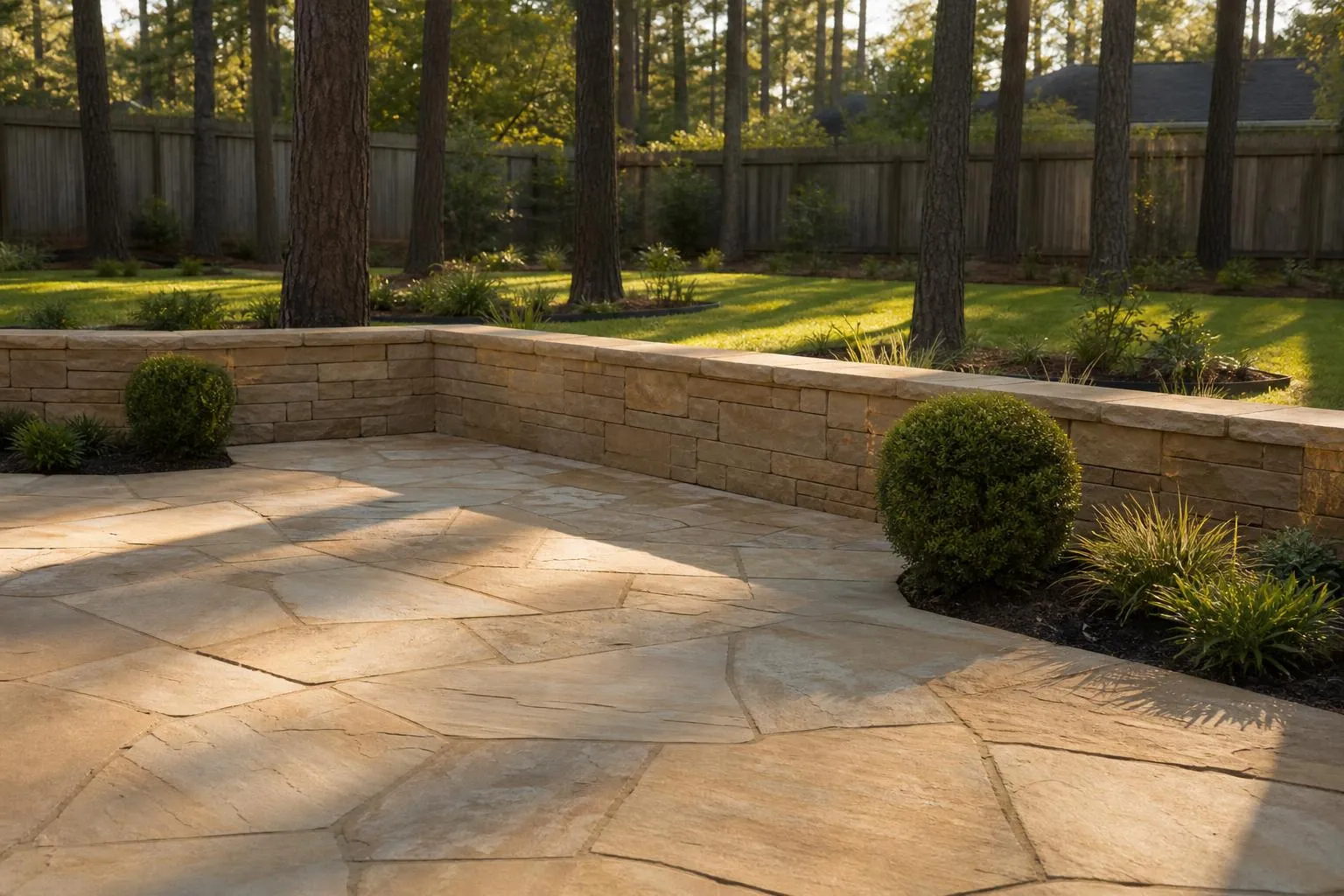 A natural stone patio with a low stone sitting wall