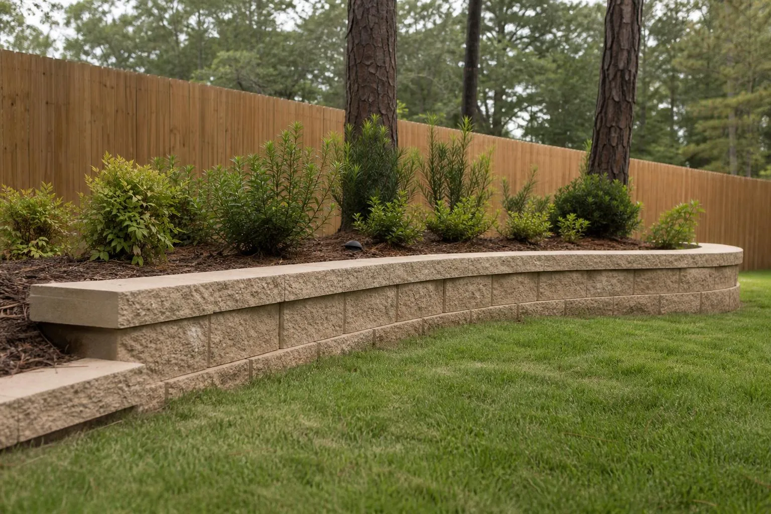 A low curved retaining wall supporting a planted garden bed