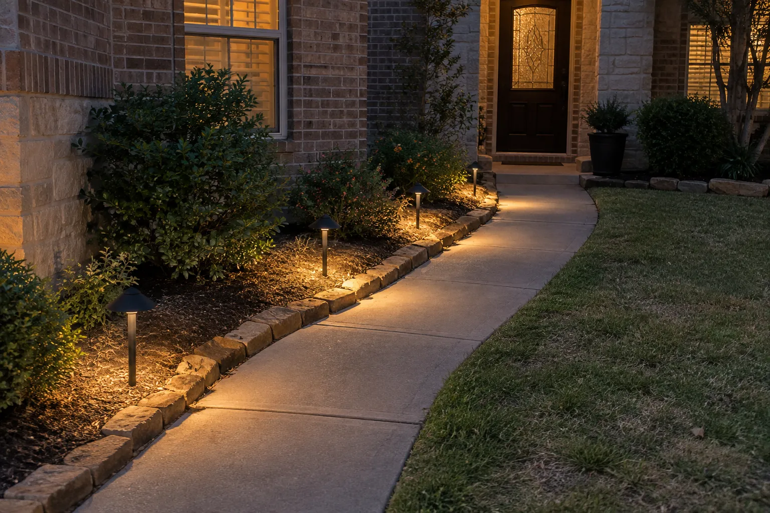 Low landscape fixtures lighting a residential garden path