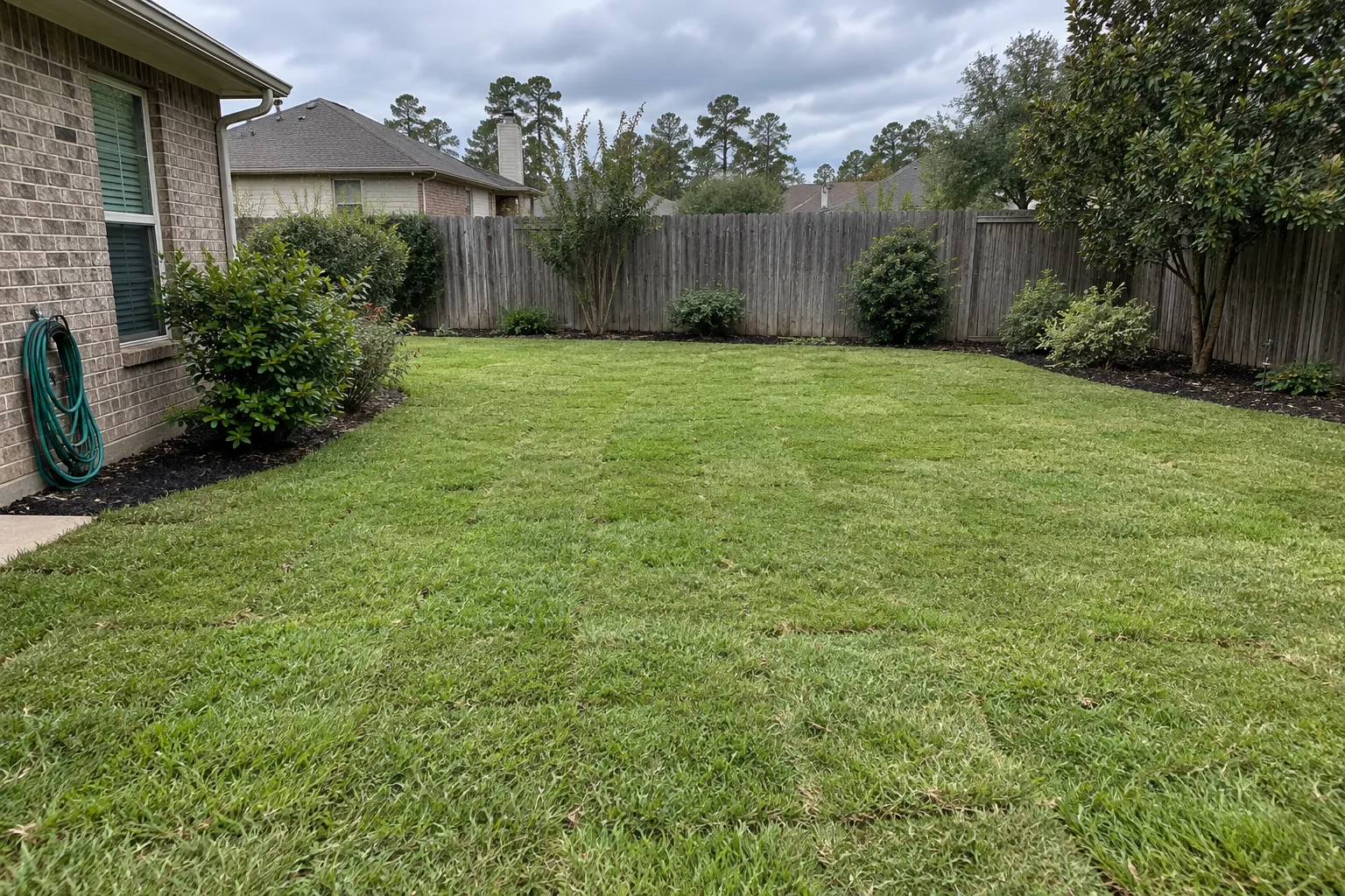 A residential lawn with newly established grass