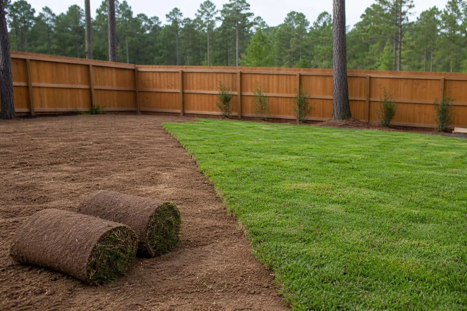 Sod being laid over prepared soil in a fenced backyard