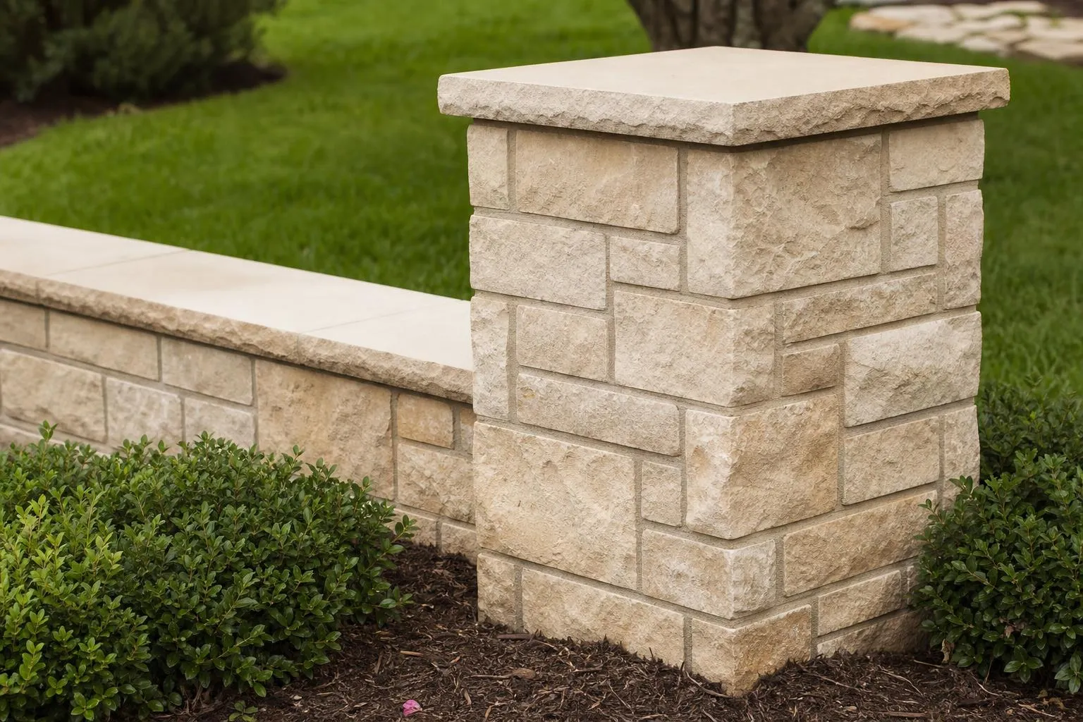 A pale stone column and matching capped garden wall