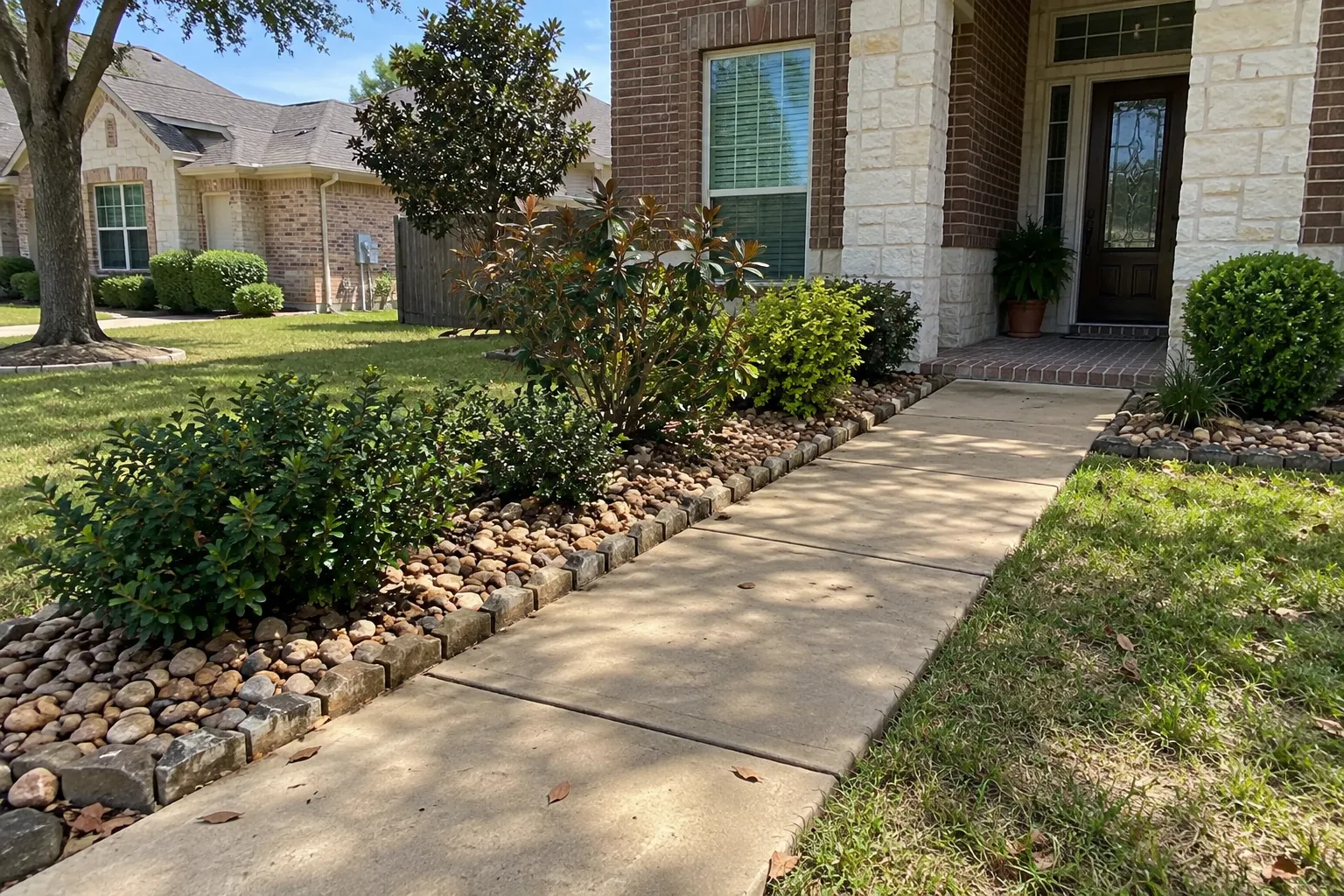 Concrete walkway beside a river-rock planting bed and a brick home
